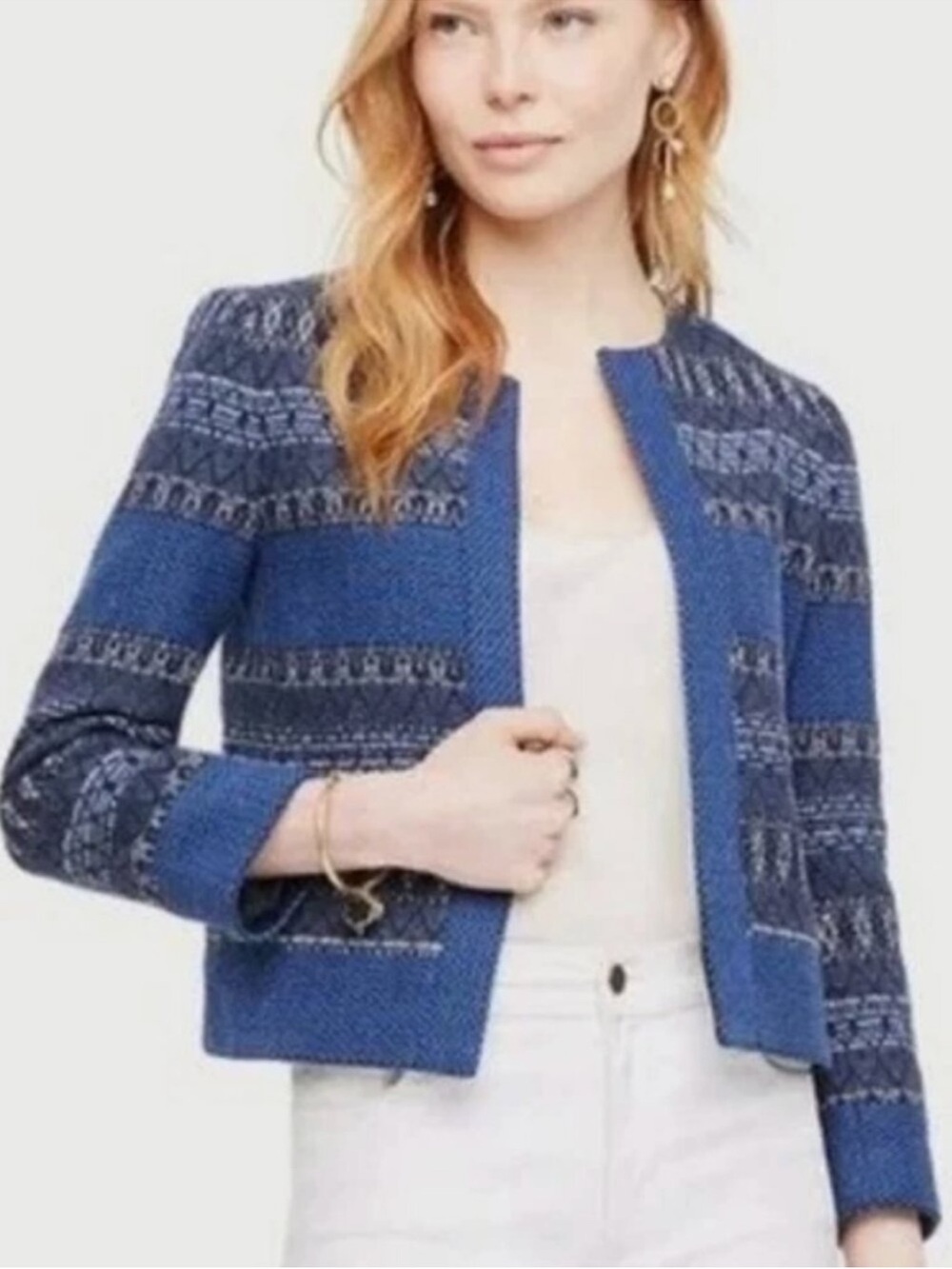 Ann Taylor Collarless Blue Black Patterned Tweed Open Front Blazer